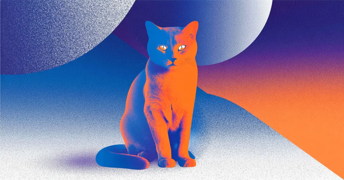Classify 10,000 Tweets with Jev and the X API: Real Costs Halftone illustration of a cat in orange and blue sitting in front of two large grainy spheres