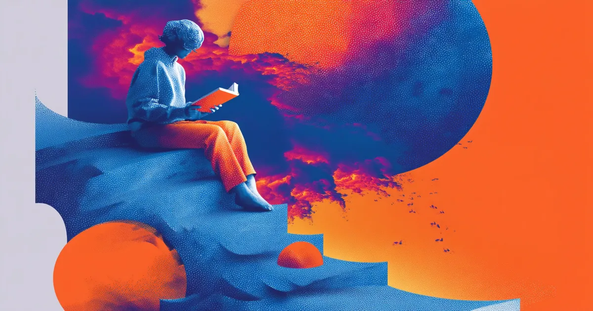 How to Search Tweets by Hashtag with the X API Surrealist figure in blue reading a book on stepped terrain under orange suns and magenta clouds