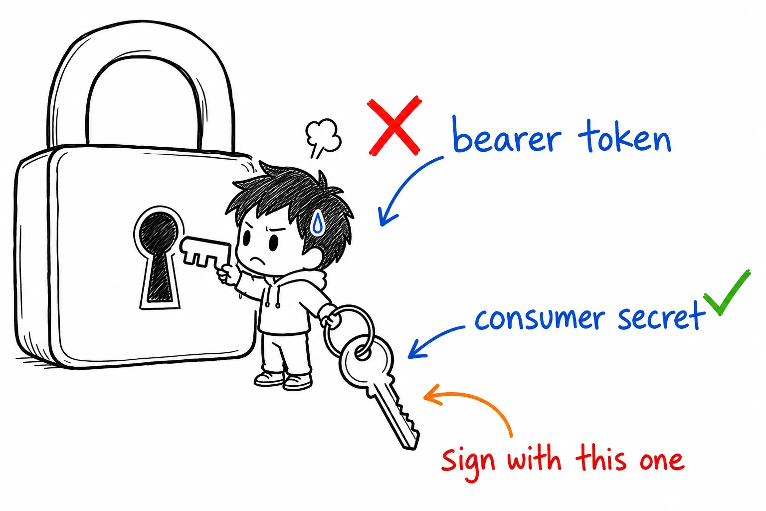 A developer trying a bearer token key that does not fit the lock, marked with a red cross, while the correct consumer secret key hangs on the ring with a green tick, captioned sign with this one