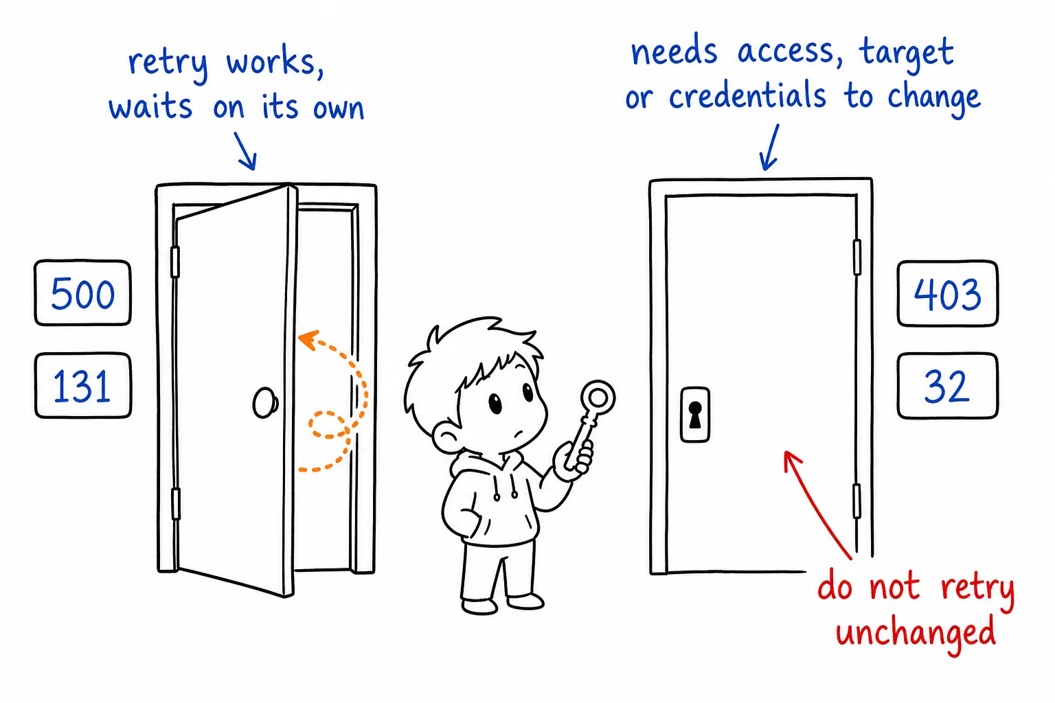 Two doors: an open one labelled retry works, waits on its own with codes 500 and 131, and a closed one labelled needs access, target or credentials to change with codes 403 and 32, captioned do not retry unchanged