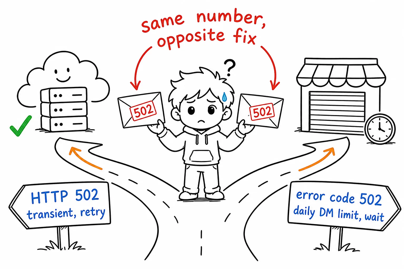 Two envelopes both stamped 502: HTTP 502 points to a healthy server and means transient, retry, while error code 502 points to a closed shutter and means daily DM limit, wait